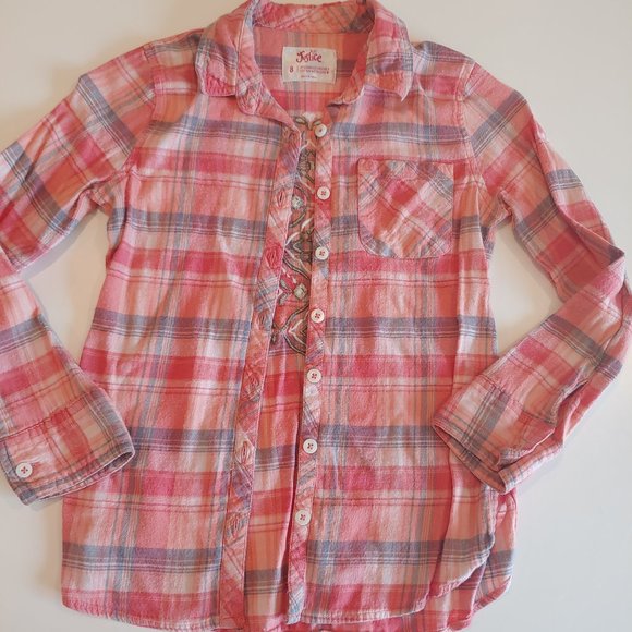 Justice Other - Justice | Peach, Cream and Grey EMBROIDERED BACK Flannel Shirt | 8